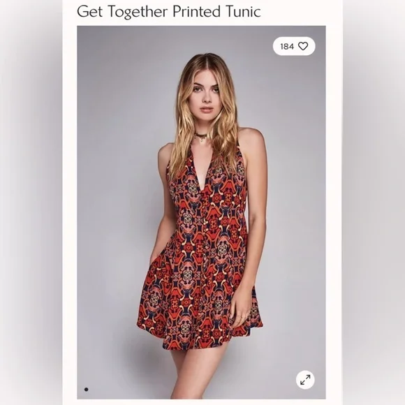 Free People Get Together Navy Orange Bohemian Print Rayon Sleeveless Mini Dress - Picture 2 of 6